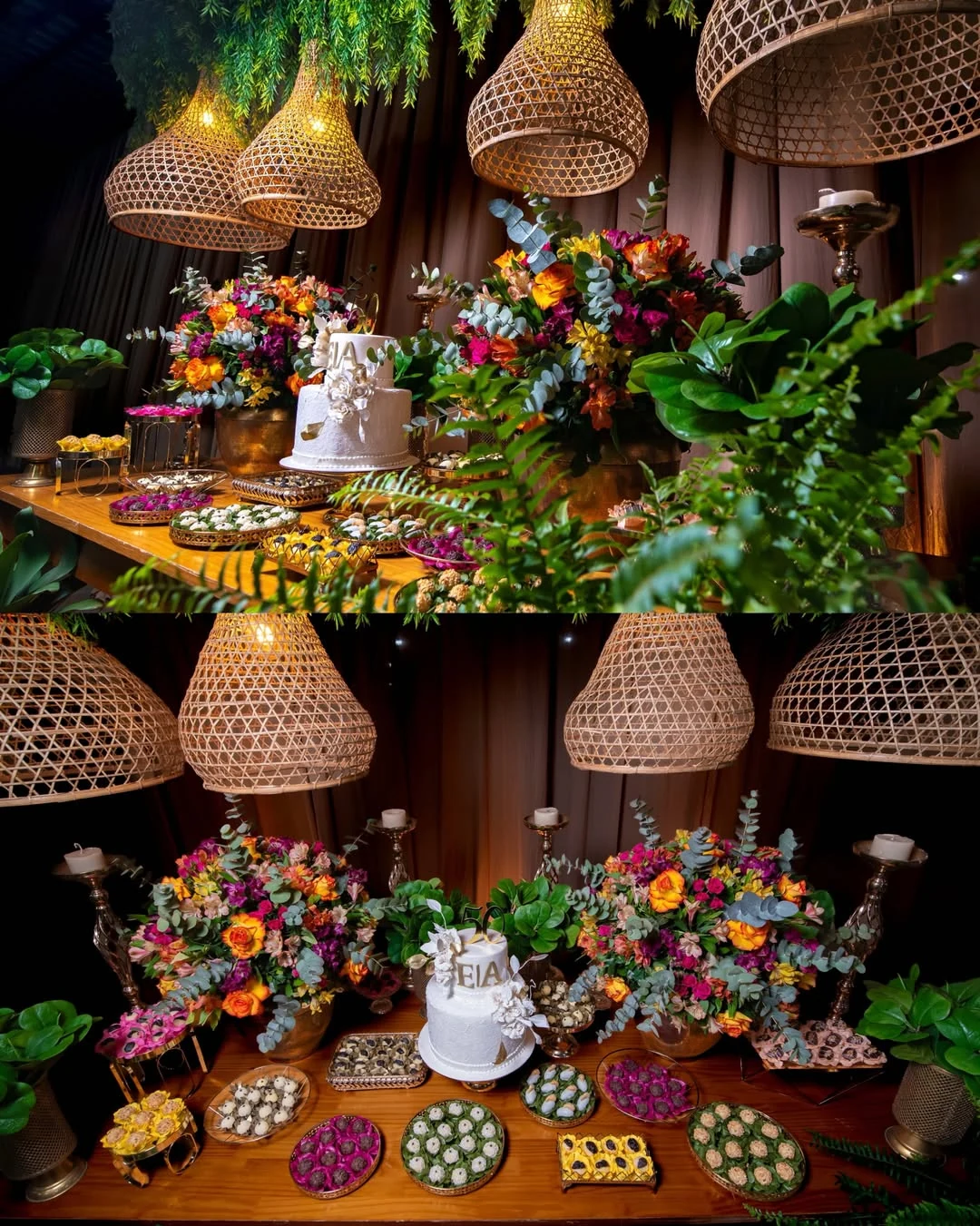 Decoração elegante de mesa de doces e bolo para celebração