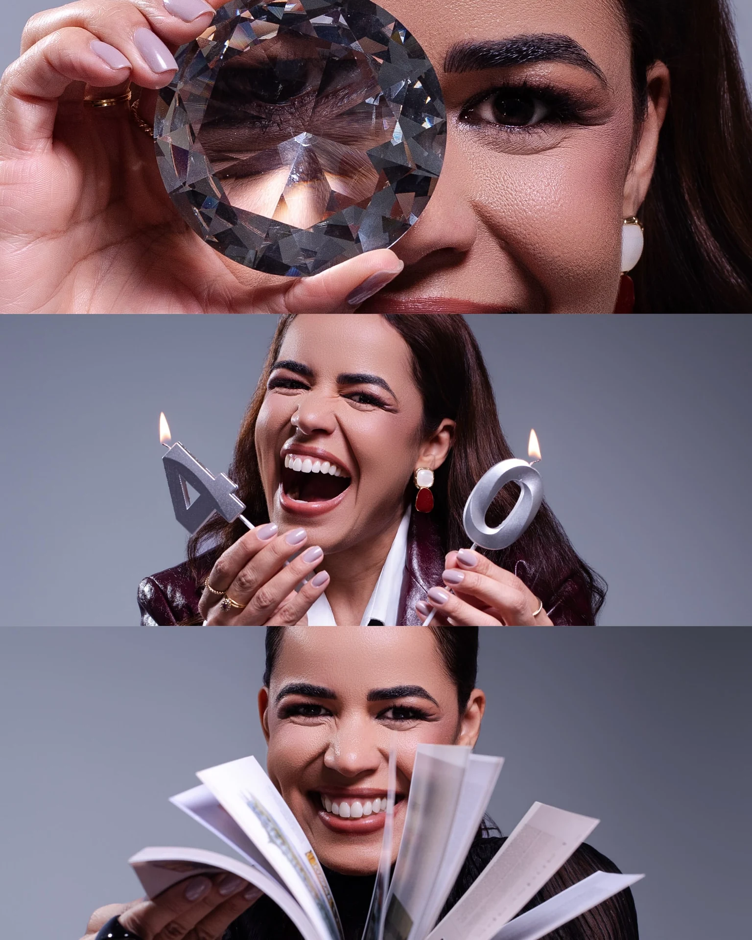 Tríptico comemorativo com prisma de diamante e velas comemorativas